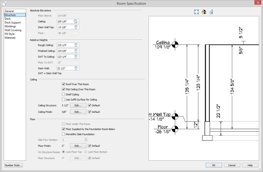 Room Specification - Structure panel Room Specification dialog with Structure panel selected showing -14 1/8 Stem Wall Top and Finished Ceiling of 134 5/8