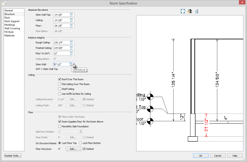 Room Specification - Structure panel Room Specification dialog with Stem Wall set to Use Default