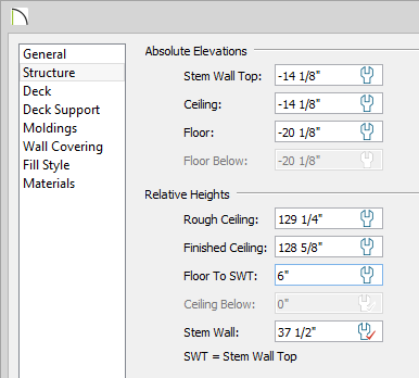 Room Specification - Structure panel Room Specification dialog with 6 inches entered for Floor to SWT
