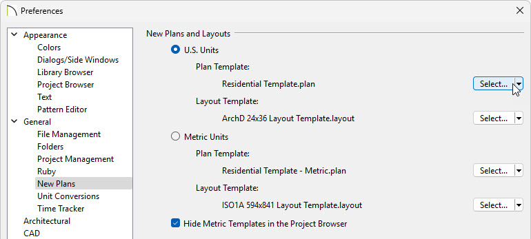 When using Project Management mode, on the New Plans panel, click Select and select your template.