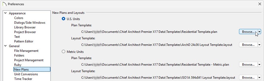 When using Traditional File Management, on the New Plans panel, click Browse and select the template you want to use.