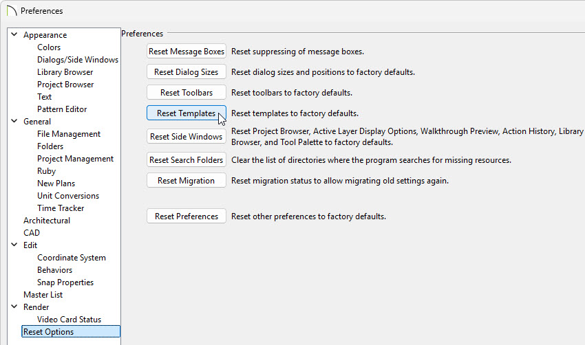 In Preferences, on the Reset Options panel, choose to Reset Templates.