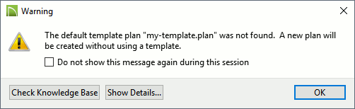 Warning dialog for a missing plan template.