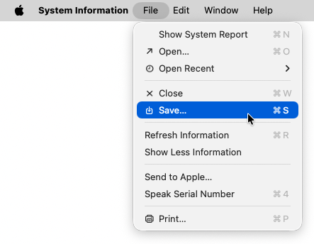 Selecting Save for the System Information Report that is open