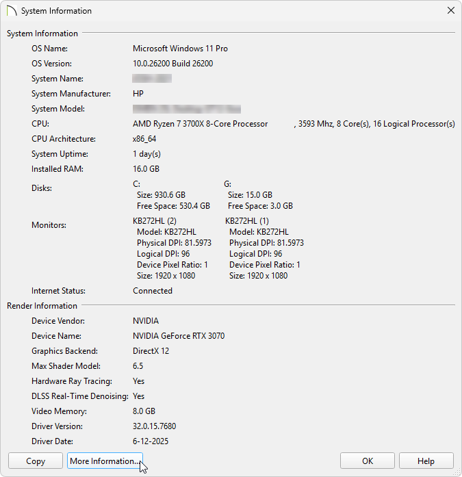 System Information dialog where the More Information button is located