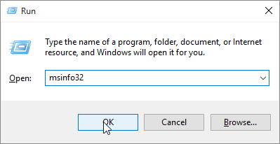 msinfo32 typed in the Open field of the Run dialog