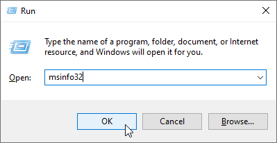 msinfo32 typed in the Open field of the Run dialog