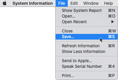 Selecting Save for the System Information Report that is open