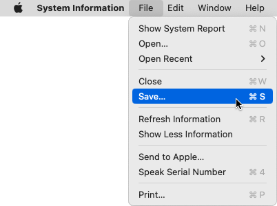 Selecting Save for the System Information Report that is open