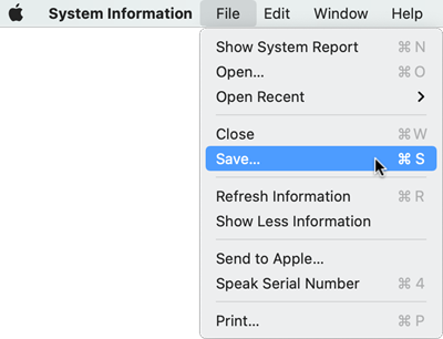 Selecting Save for the System Information Report that is open