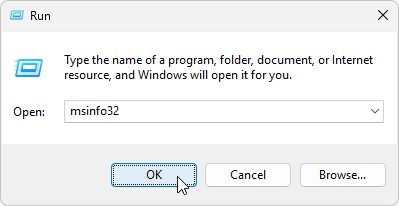 msinfo32 typed in the Open field of the Run dialog