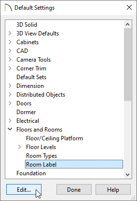 Default Settings with Room Label selected