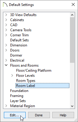 Room Label is selected in the Default Settings dialog