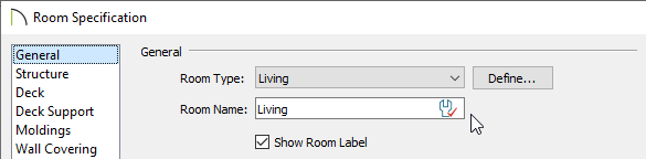 Specify a Room Type on the General panel of the Room Specification dialog