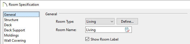 Specify a Room Type on the General panel of the Room Specification dialog