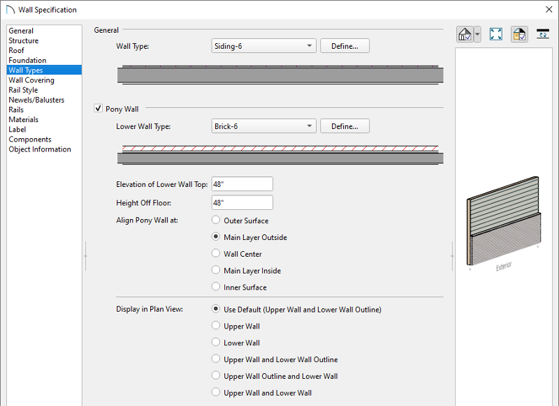 Wall Types panel of the Wall Specification dialog