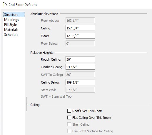 Structure panel of the 2nd Floor Defaults dialog