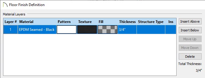 Floor Finish Definition dialog where materials can be specified