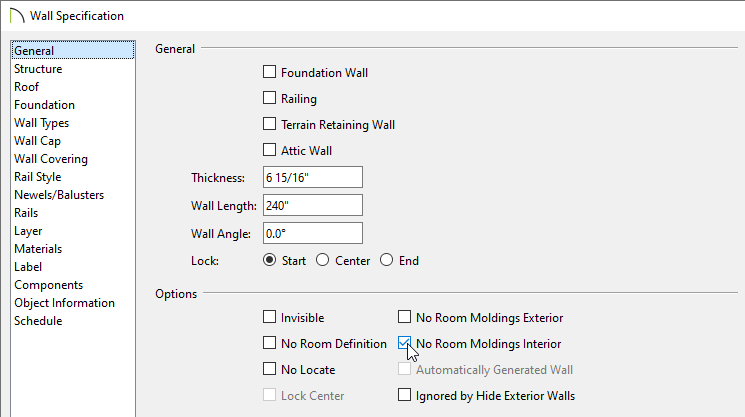 Selecting the No Room Moldings Interior box located on the General panel of the Wall Specification dialog