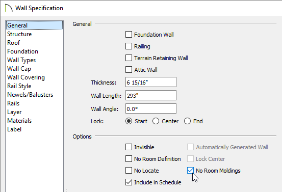 Selecting the No Room Moldings box located on the General panel of the Wall Specification dialog
