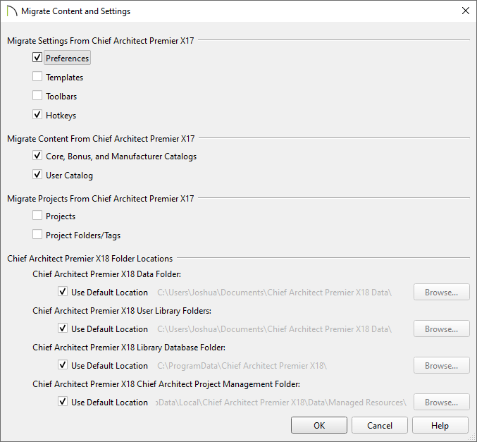 Migrate Content and Settings dialog that displays when upgrading to a new version.