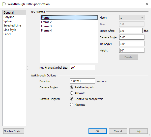 Walkthrough Path Specification dialog showing key frames.
