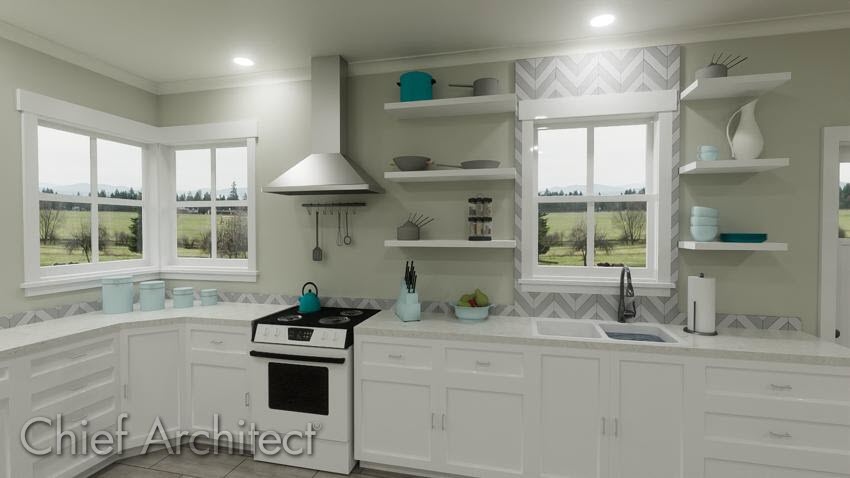 Chevron tile applied to a full height backsplash