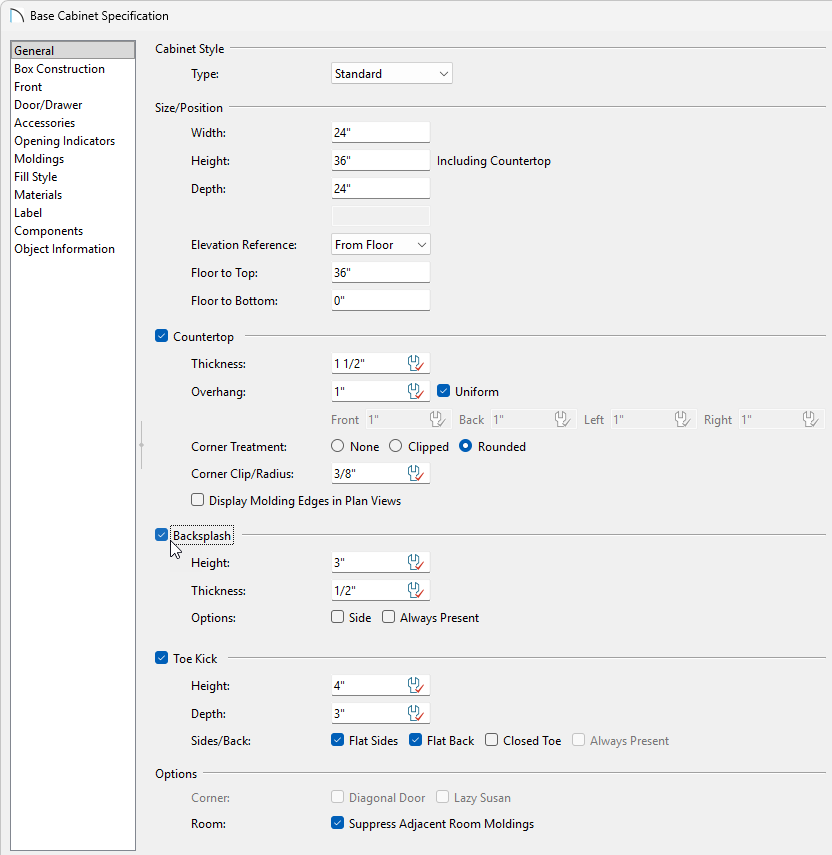 Base Cabinet Specification dialog where the Backsplash can be modified