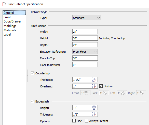 Base Cabinet Specification dialog where the Backsplash can be modified