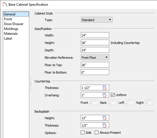 Base Cabinet Specification dialog where the Backsplash can be modified