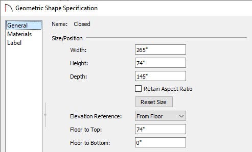 General panel of the Geometric Shape Specification dialog