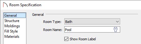 General panel of the Room Specification dialog