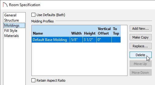 Modify room moldings by accessing the Moldings panel