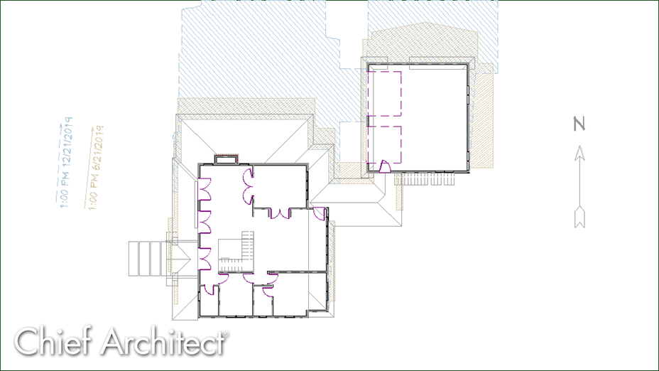 Shadow displayed in a floor plan view using a sun angle