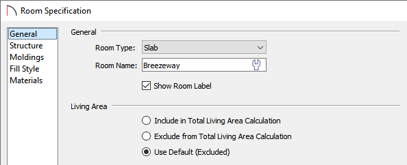 Room Specification dialog showing the Slab room type and changed room name