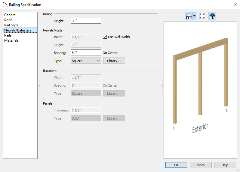 Railing Specification showing the Newels/Balusters panel with the Newel Spacing changed to 84 inches