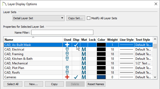 Layer Display Options dialog where the CAD, As-Built Mask layer is checked to display