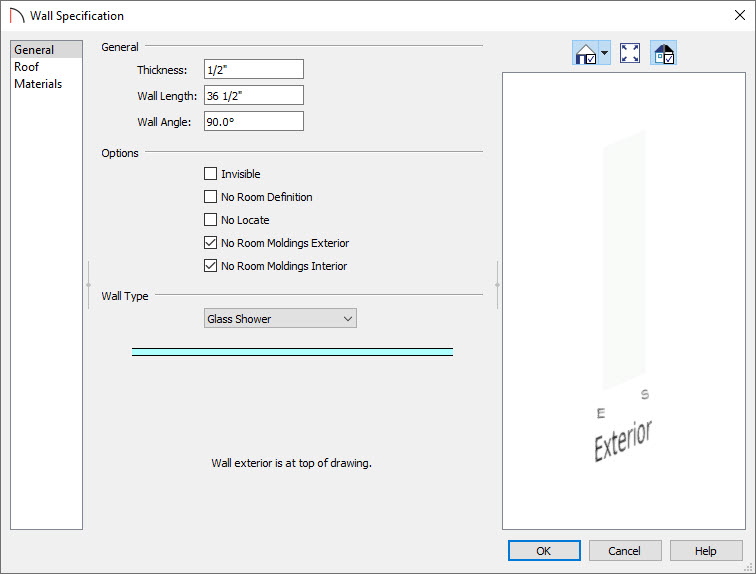 Glass Shower wall type selected in the Wall Specification dialog