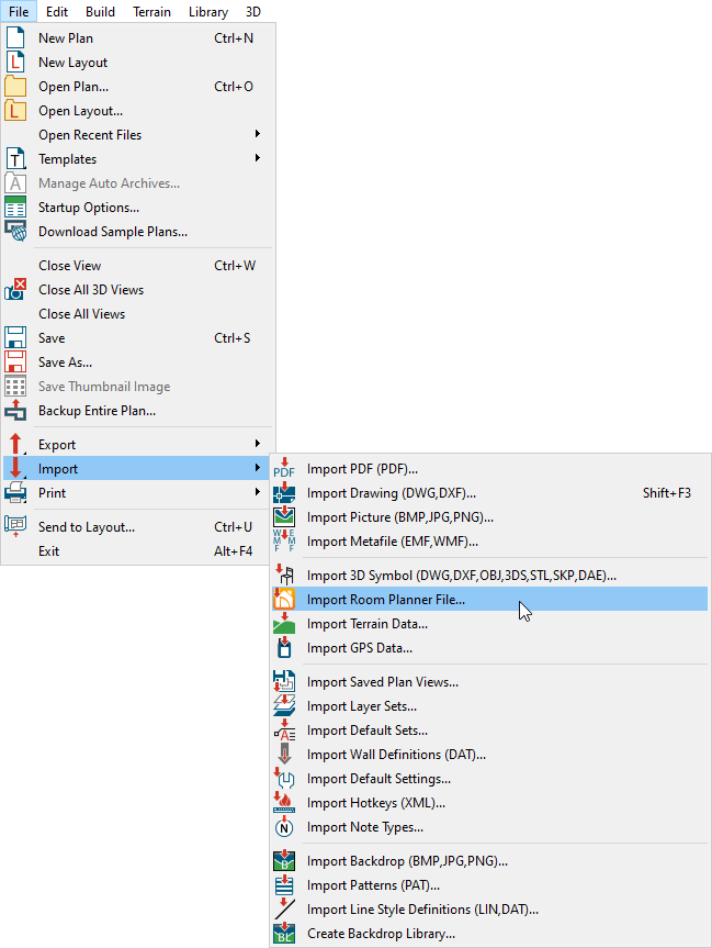 Navigate to File> Import> Import Room Planner File using the menu