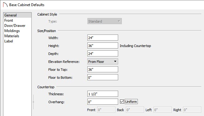 Setting up the base cabinet defaults to have no overhang.