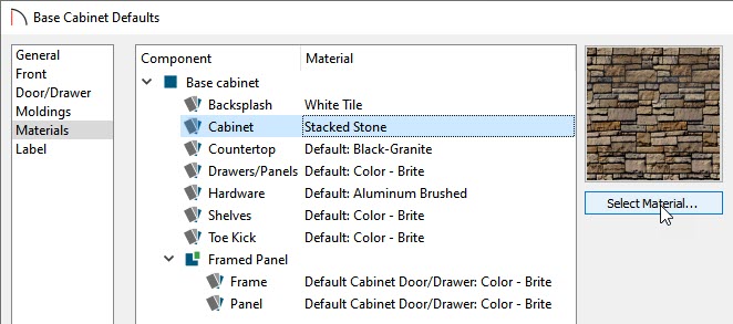 Changing the default base cabinet materials