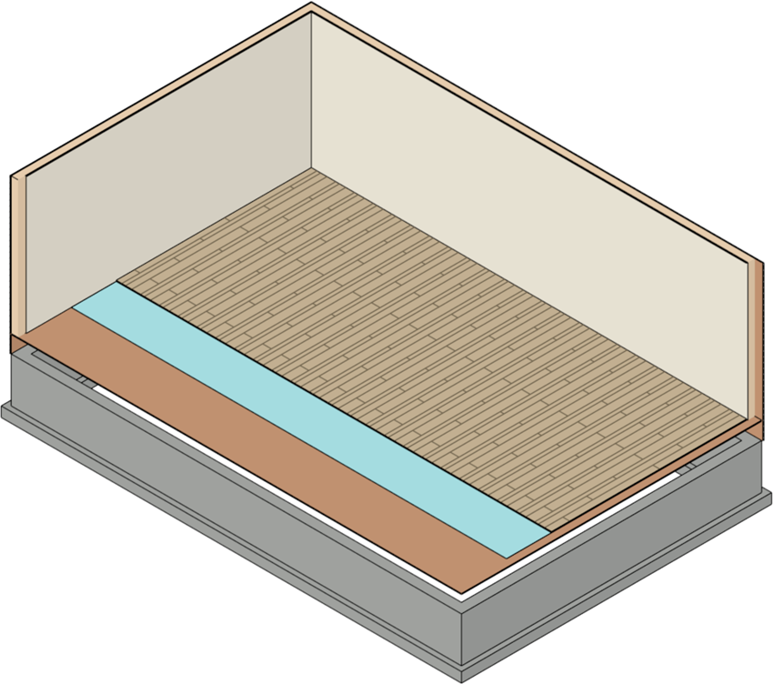 Orthographic view hiding the exterior walls and exposing the floor finishes.