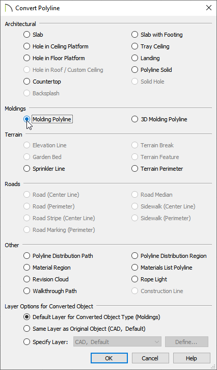 Select the Molding Polyline option in the Convert Polyline dialog