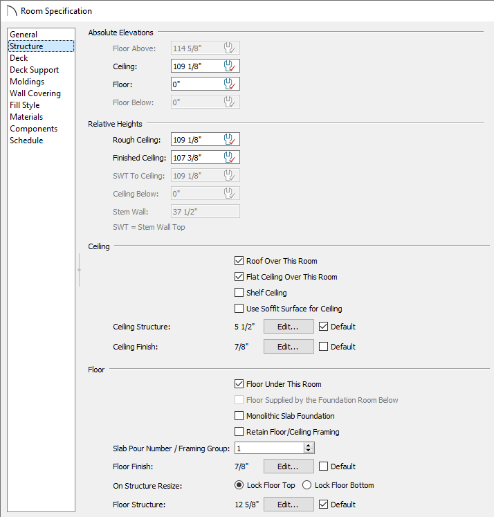 Structure panel of the Room Specification dialog