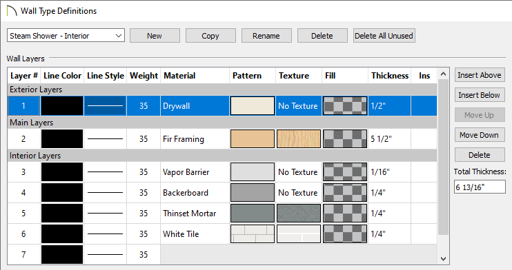 Wall Type Definitions dialog where new wall types can be defined