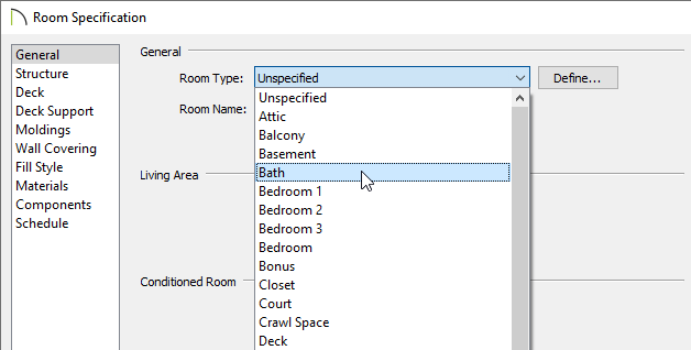 Change the Room Type to Bath on the General panel