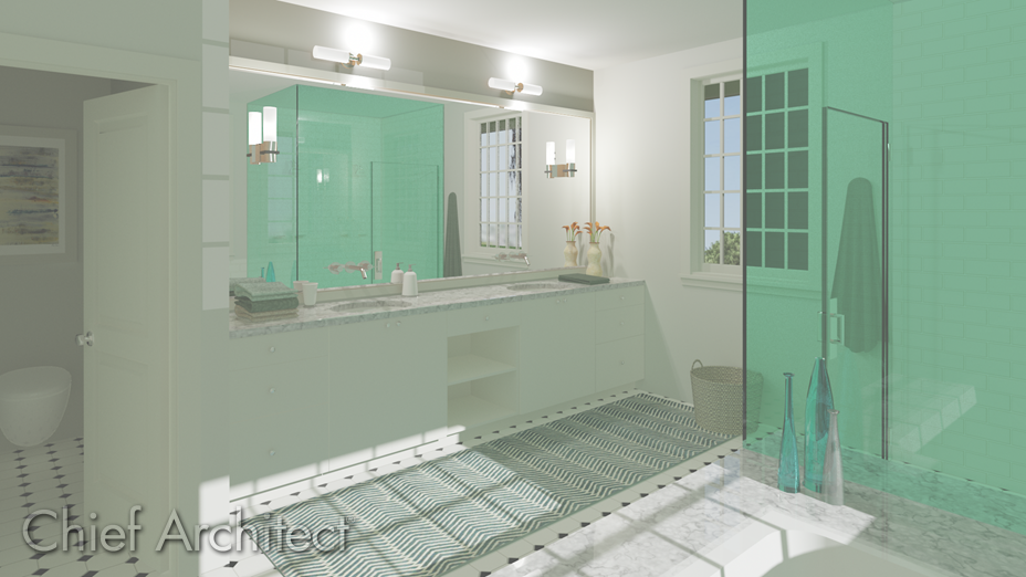 Interior bathroom with glass walled steam shower