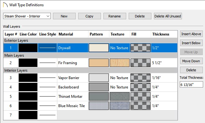 Wall Type Definitions dialog