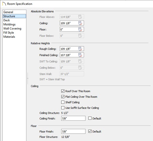 Structure panel of the Room Specification dialog