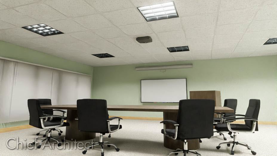 Rendering of an office space with a suspended ceiling. Suspended ceilings can be modled using Home Designer software.